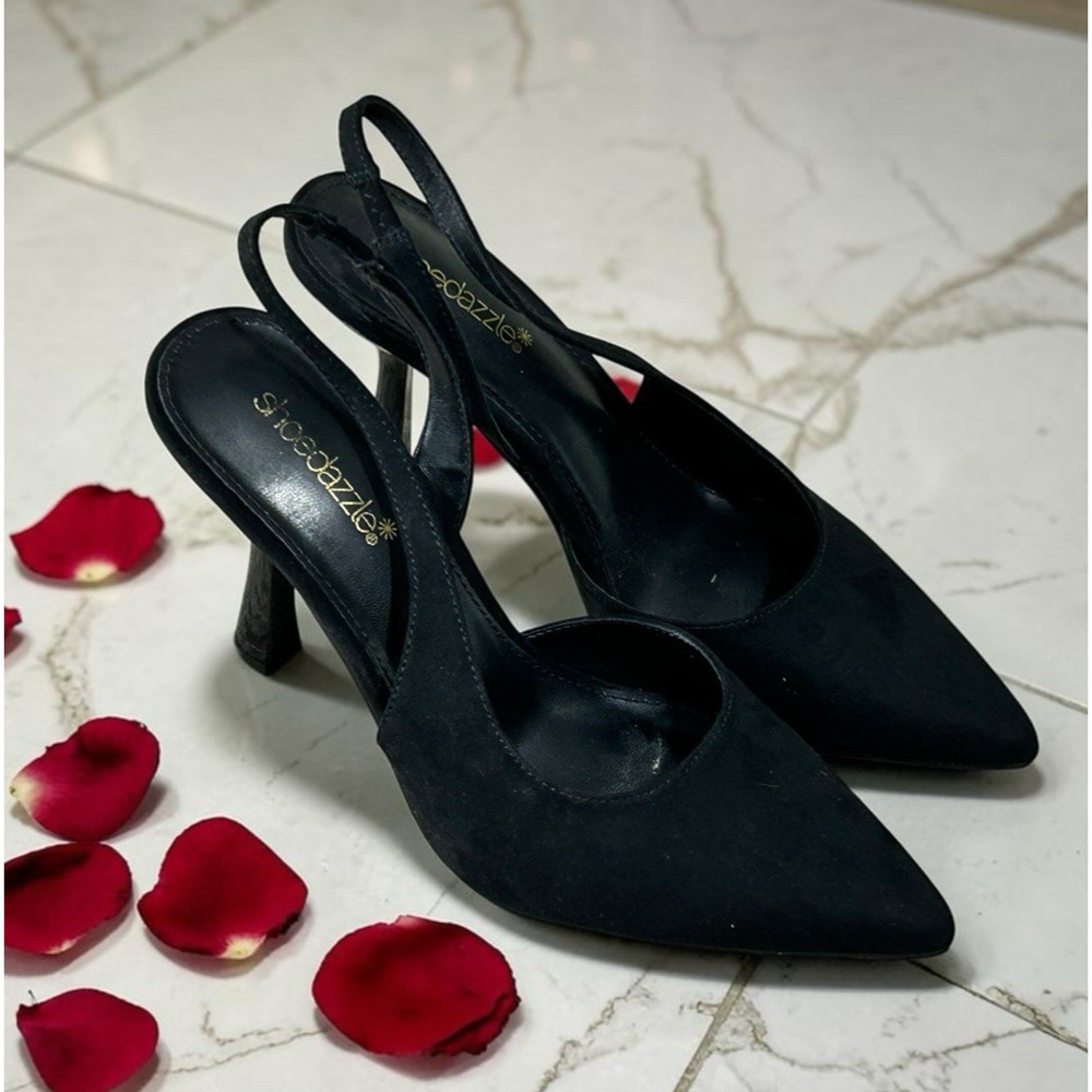 Shoe Dazzle Black Brit Sling-Back Flared Pump Heels Sz 8 Faux Suede 4" Heel - Picture 6 of 8